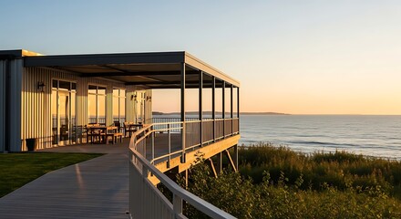 Modern architecture overlooking calm ocean at sunset with peaceful ambiance and beauty