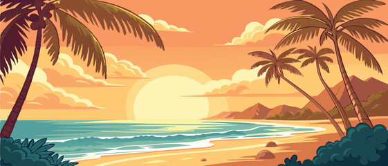 Sunset Over Tropical Ocean Beach with Palms