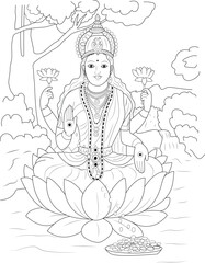 Hindu Goddess Lakshmi Mata Line Art, Line art illustration of Lakshmi Mata, the Hindu goddess of wealth, prosperity, and fortune. She is depicted seated on a lotus flower, holding lotuses, giving 