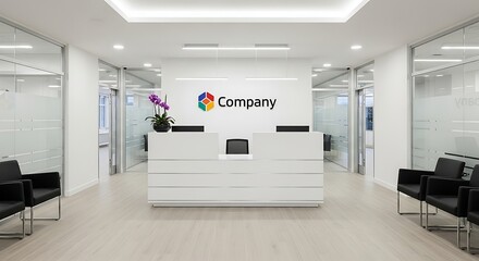 Modern Corporate Reception Area with White Desk and Waiting Room Chairs