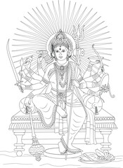 Hindu Goddess Durga Maa Line Art Drawing, Black and white line art drawing of the Hindu goddess Durga Maa, depicted with multiple arms holding various weapons and symbols, seated on a throne. This 