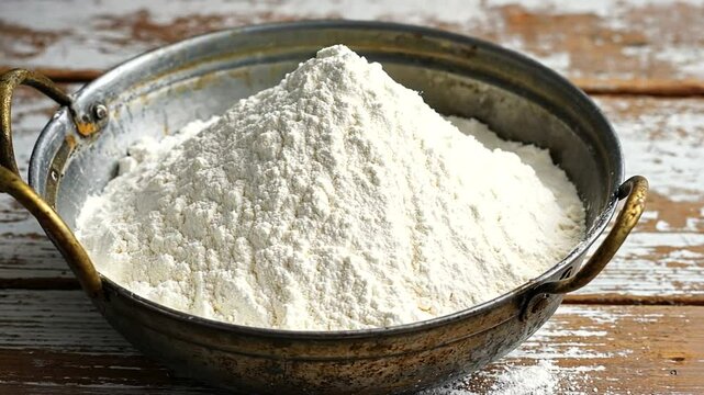 A close-up view of a metal bowl filled with white flour on a rustic wooden table, showcasing a baking setup