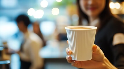 Woman holding a steaming coffee cup indoors.