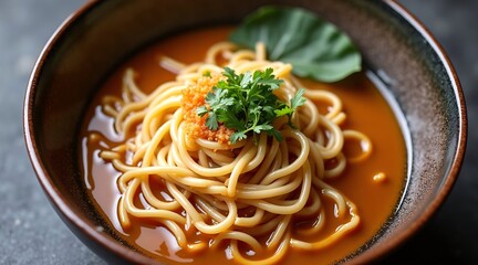 Delicious Bowl of Ramen Noodles with Soft-Boiled Egg and Fresh Garnish