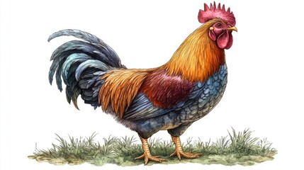 Rooster standing in grassy field illustration