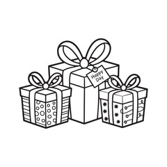 Black and white illustration of different sized gift boxes with elegant bows. et of three line art gift boxes with decorative ribbons for any occasion. Coloring illustration of gift box set