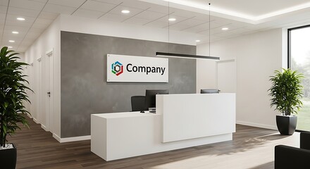 Modern Reception Area with Clean Lines, White Desk and Company Signage
