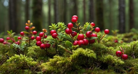 Close-up of ripe red lingonberries growing on low green bushes, mossy forest floor, Nordic conifer forest background, detailed botanical realism, soft diffused light