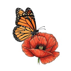 Monarch butterfly resting on a vibrant red poppy blossom design