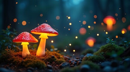 Glowing Mushrooms in an Enchanted Forest with Sparkling Lights
