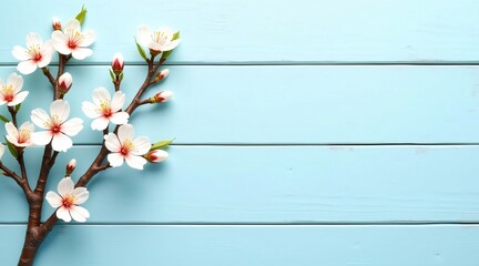 Pink Blossoms on a Branch with a Blue Wooden Fence Background