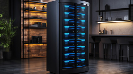 A sleek black NAS enclosure sits on a modern desk, front panel lit with dual drive bays and multiple connectivity ports. A clean, high-tech scene representing advanced data storage and networking.

