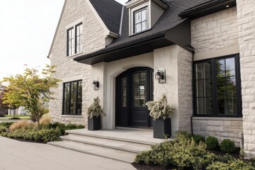 Large home with a modern black front door and matching doorbell, creating a sleek exterior look.