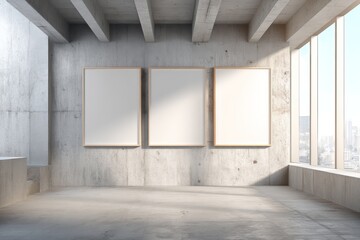 Open-concept office with large whiteboard frames, polished concrete walls, and minimalist desk.