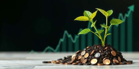 Cash savings visualized as growing plant alongside rising stock market graph, technology, business