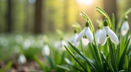 Snowdrop Flowers Blooming in the Warm Sunlight