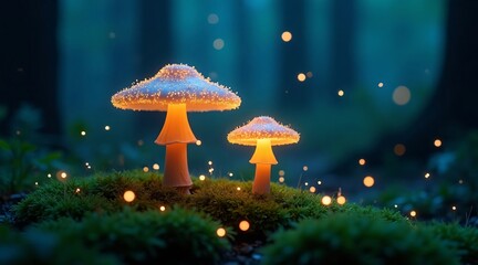 Glowing Mushrooms in an Enchanted Forest with Sparkling Lights

