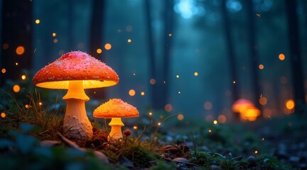 Glowing Mushrooms in an Enchanted Forest with Sparkling Lights