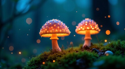 Glowing Mushrooms in an Enchanted Forest with Sparkling Lights