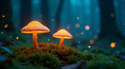 Two Glowing Mushrooms in an Enchanted Forest with Sparkling Lights