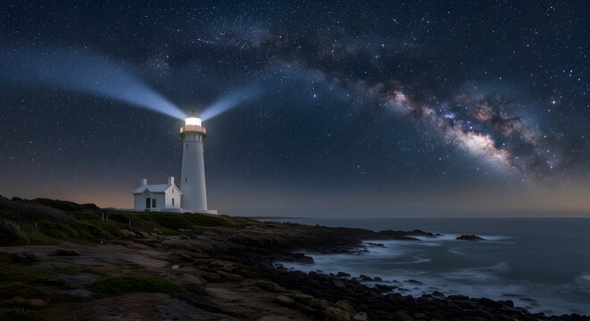Lighthouse illuminating the night sky with the milky way above the ocean scenery