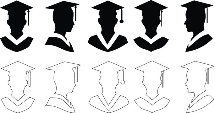 Student icon set vector black filled and outlined style. student with graduation cap ,successful completion of graduation academic wear educational concept element university avatar hope for the best