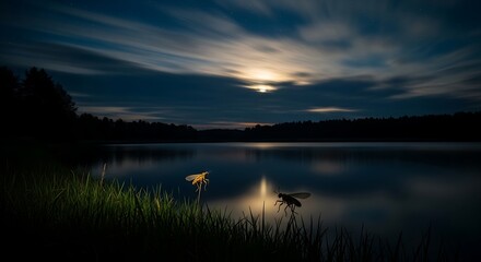 Night Lake Scene with Fireflies and Starry Sky Landscape View