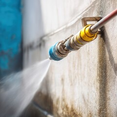 Exterior walls of a building being cleaned with high-pressure water jets for a fresh finish.