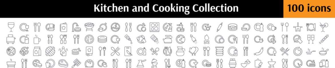 Cooking Icon Bundle. Contains Icons of Utensil, Barbecue, Dish, Plate for Graphics, Concept, Apps