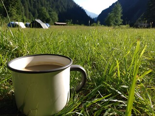 Obraz premium A mug of coffee sits on the grass amidst a campsite.