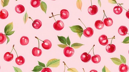seamless pattern of cherries on pink background top view