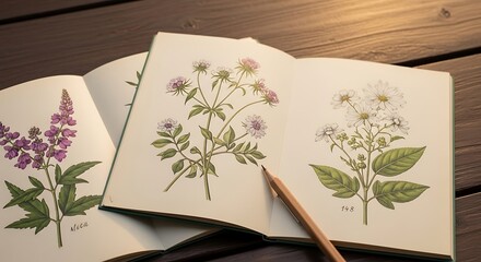 Open Book Featuring Detailed Botanical Drawings with a Pencil on Wooden Table