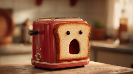 A  pink toaster with surprised bread slice.