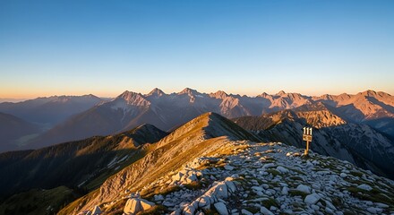 Panoramic Alpine Mountain Range at Sunrise, Austria Hiking Trail Number 111