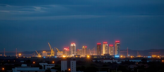 Fototapeta premium City skyline illuminated at night with construction cranes visible.