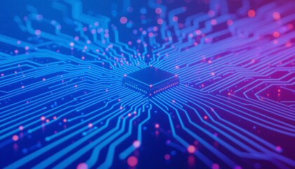 Futuristic Circuit Board with Illuminated Connections and Purple Highlights