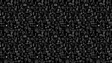 A black background filled with white drawings of school supplies and science related illustrations