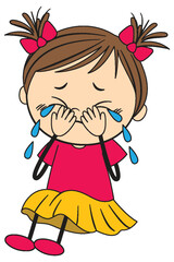 Crying Girl Cartoon with Pigtails and Bows