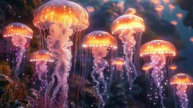Very realistic and glowing deep sea coral reef with jellyfish