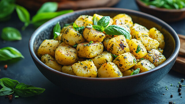 Top view of homemade potato gnocchi with pesto sauce, parmesan, and herbs in a bowl—symbolizing comfort food, Italian tradition, vegetarian cooking, and flavorful, ready-to-eat meals.
