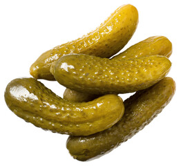 Whole pickles (pickled cucumbers) isolated on white background, top view.