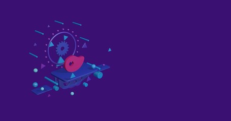 Fototapeta premium Pink steak symbol on a pedestal of abstract geometric shapes floating in the air. Abstract concept art with flying shapes on the left. 3d illustration on deep purple background