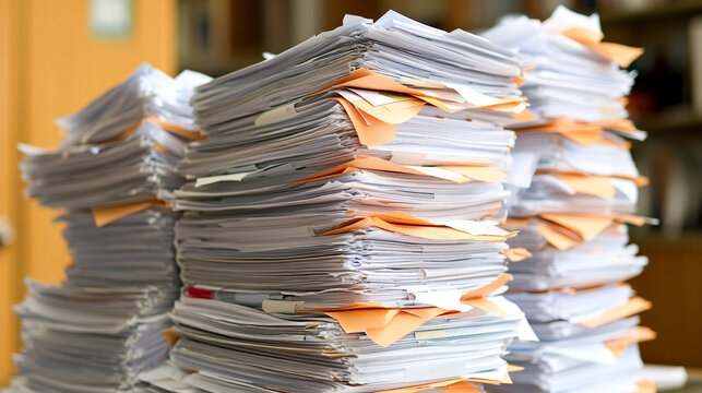 Tall stacks of disorganized papers represent data overload and the urgent need for efficient archiving and digital solutions. A visual metaphor for information chaos and organizational pressure.

