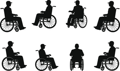 Silhouette set of disabled man in wheelchair from different angles, medical mobility concept, disability support, healthcare accessibility, rehabilitation, physical therapy aid