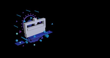 Fototapeta premium White cnc machine symbol on a pedestal of abstract geometric shapes floating in the air. Abstract concept art with flying shapes on the left. 3d illustration on black background