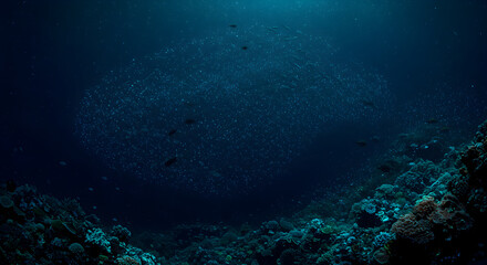 Underwater scene with a school of fish and vibrant coral reef in deep blue ocean