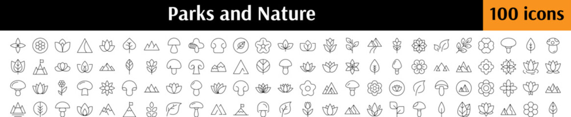 Nature and Parks Icon Set. Contains Icons of Flowers, Leaves, Mountains, Mushroom for Graphics, Concept, Apps
