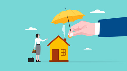 home insurance or homeowners protection, security shield concept, guarantee to protect the house from damage or loss of contents and structure, big businesswoman hand covers the house and its owner