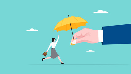 buy insurance for future security, happy woman receives umbrella from big businessman insurance hand