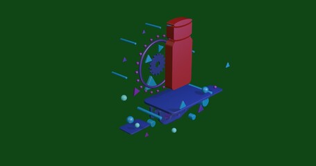 Red salt shaker symbol on a pedestal of abstract geometric shapes floating in the air. Abstract concept art with flying shapes in the center. 3d illustration on green background